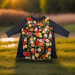 Lane Bryant Women 18/20  Blue with Multi Peony Florals 3/4 Sleeve Top Vintage